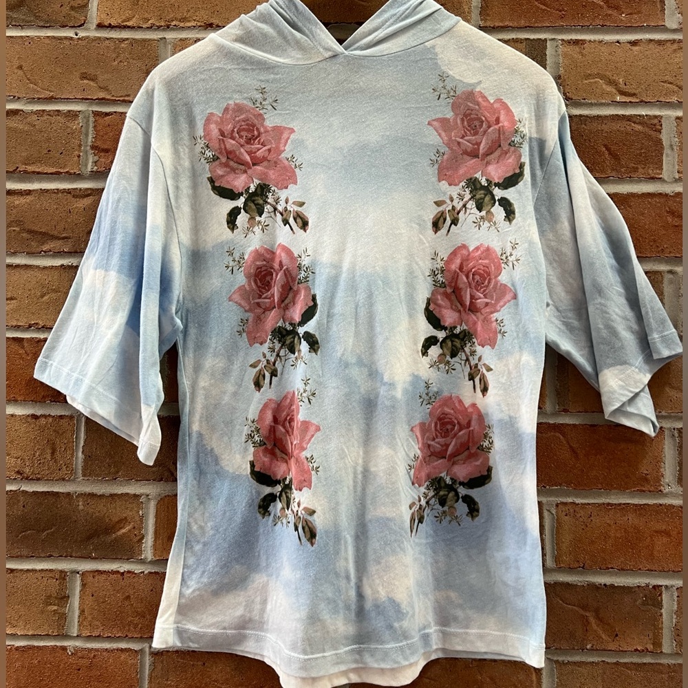 Wildfox Light Blue Cloud Print Half Sleeve Hooded shirt with Pink Rose Design
